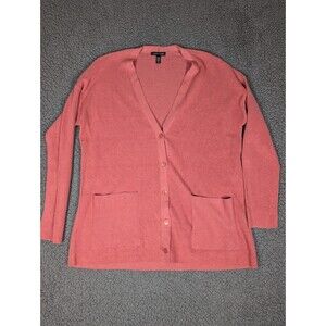 Eileen Fisher Cardigan Sweater Women’s M Coral Organic Linen Button Front Pocket